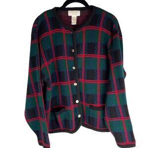 Vintage Tally Ho tartan plaid button front cardigan sweater size XL